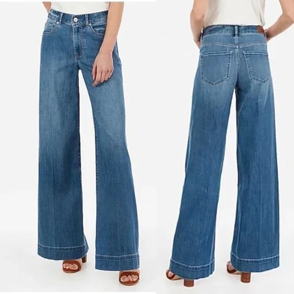 Express High Rise Wide Leg Trouser Jeans Dark Wash Blue 4 Petite - Picture 1 of 11